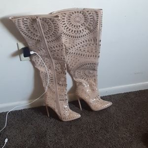Knee high tan rinestone boots